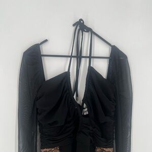 Self-Portrait Jersey Cut Out Lace Trim Halter Long Sleeve Midi Dress In Black